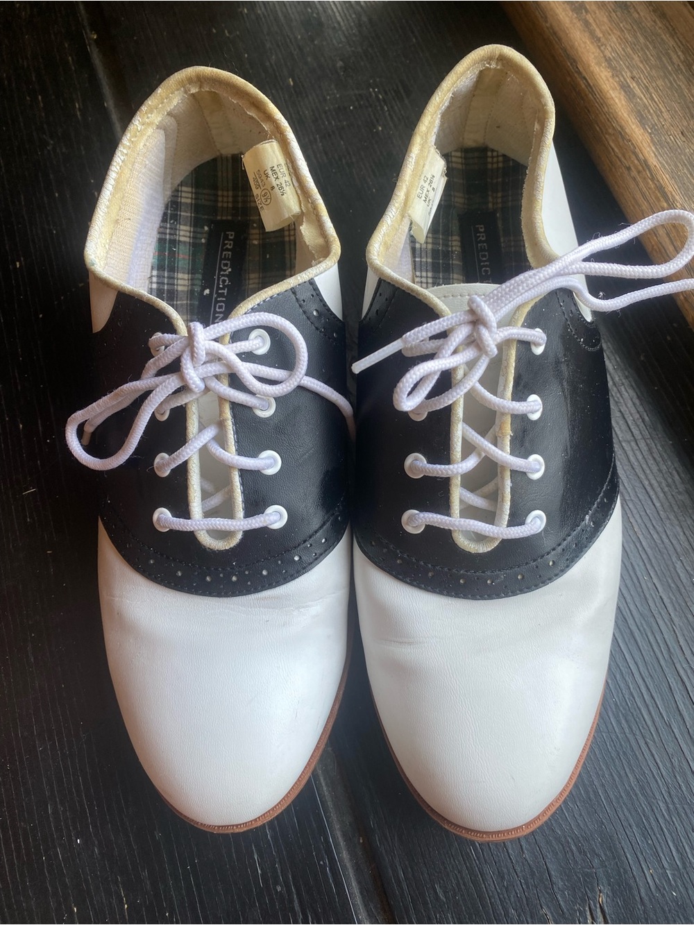 Vintage Predictions Black and White Saddle Sneakers with Plaid Insole